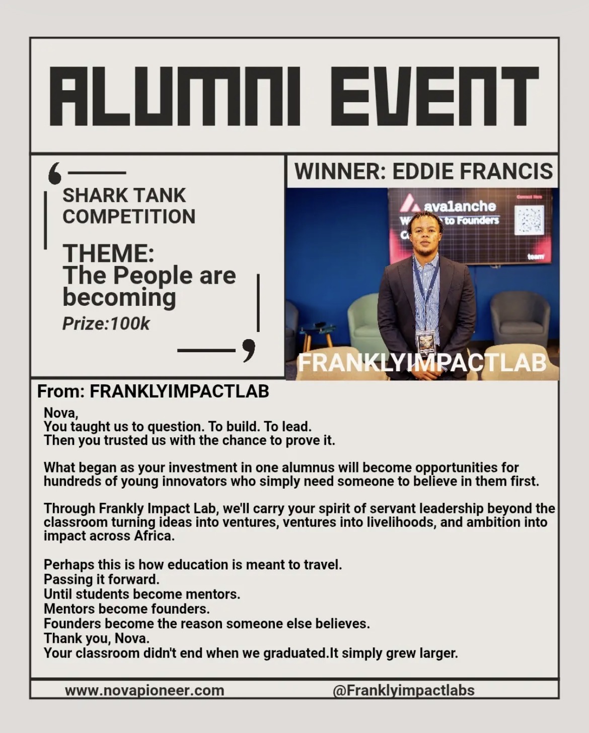 Frankly Impact Lab alumni event feature: Shark Tank Competition winner Eddie Francis