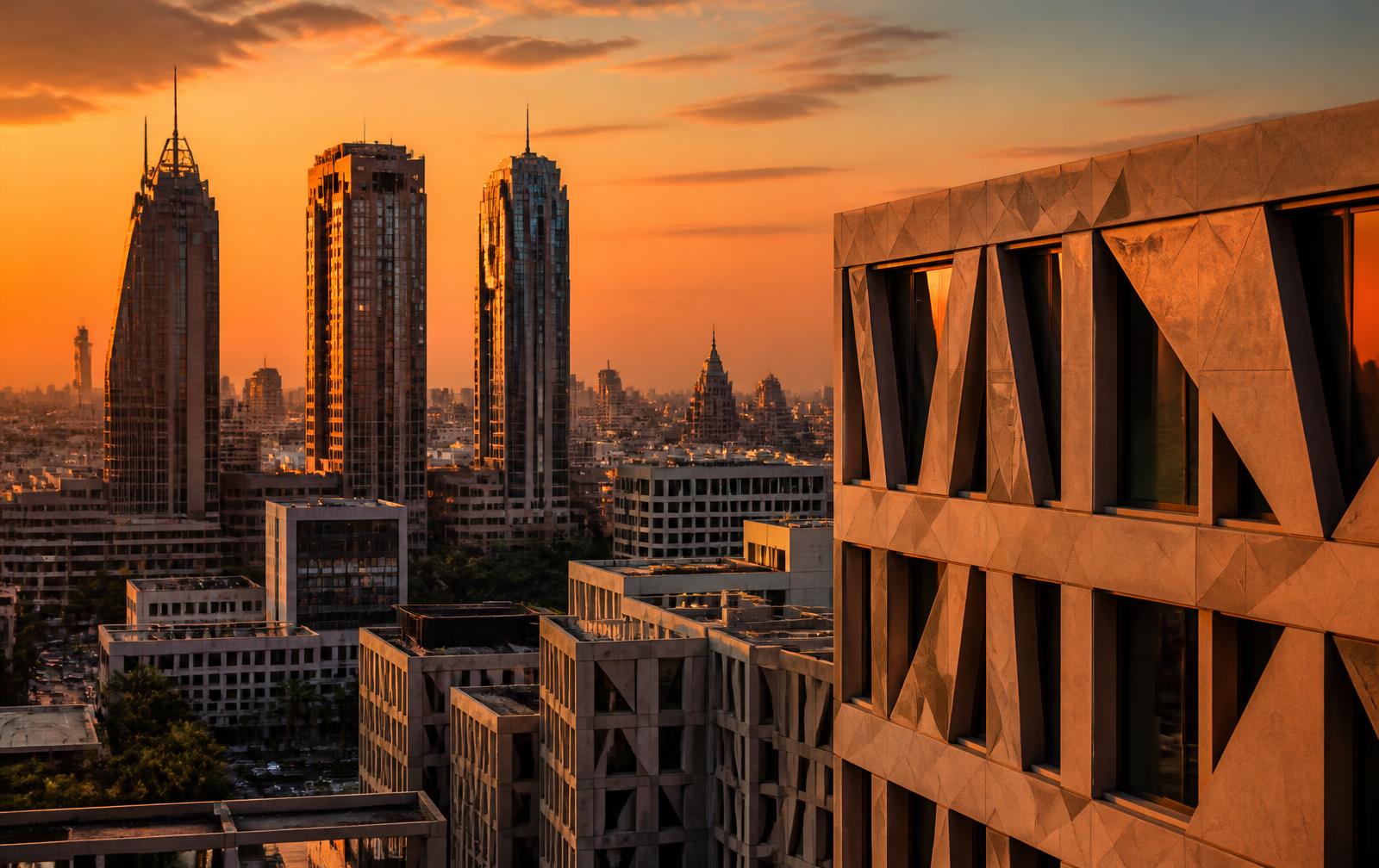 Contemporary African city architecture at golden hour